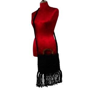 Danielle Nicole black macrame crossbody bag fringed purse mod wood handles